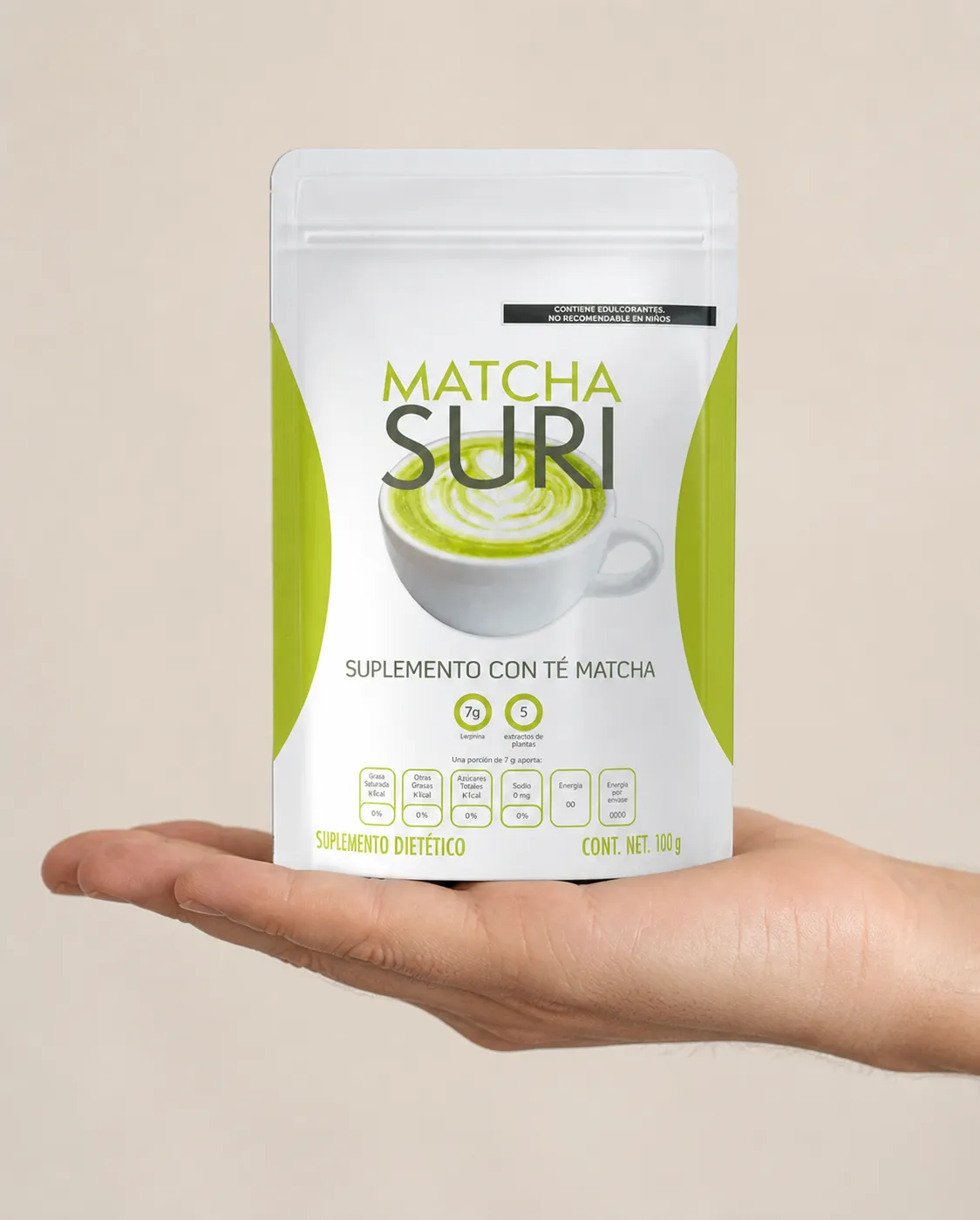 Matcha Suri — the package held in a hand