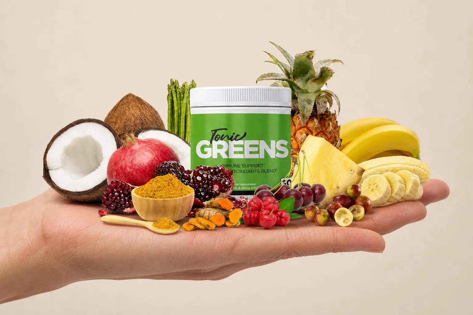 TonicGreens — the package held in a hand