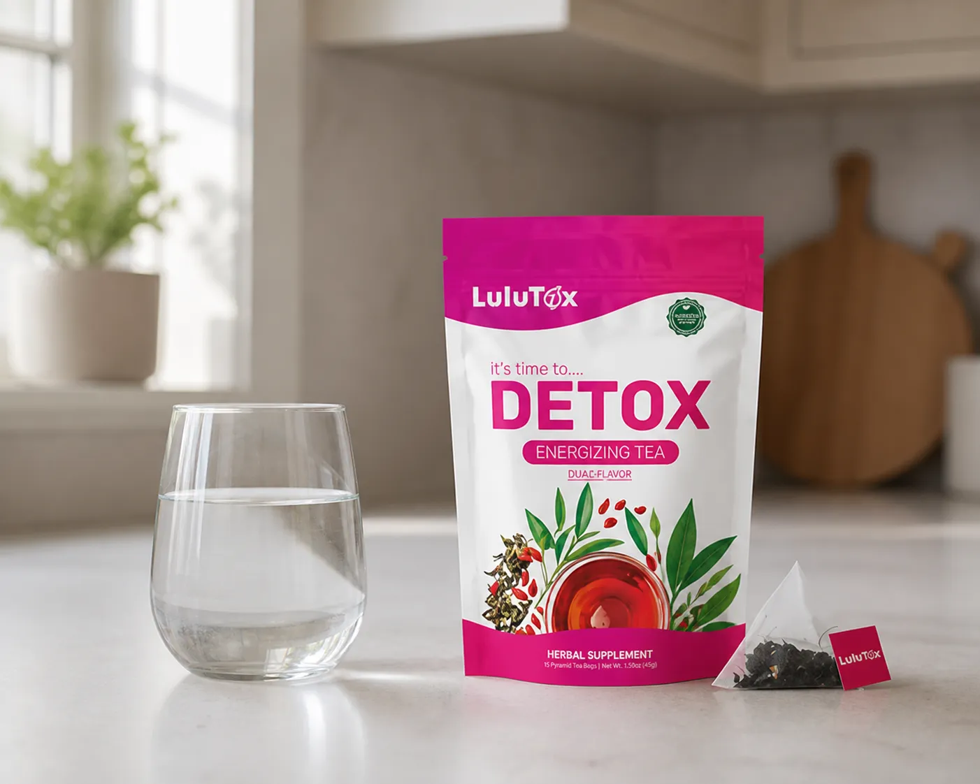 Lulutox Detox Tea — the package in everyday use